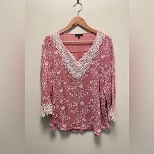 Bua/Bua Womens 3XL Blouse Pink White Embroidered Lace Neck Woven 3/4 Sleeve
